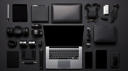 Modern black workspace with a  for product display, digital devices and supplies. 