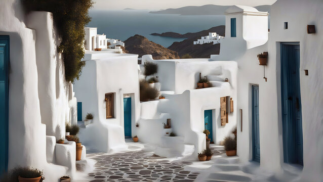 painting of a sunlit narrow traditional greek island village street with ancient white houses in summer sunlight