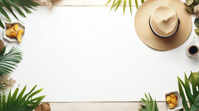 tourist lifestyle with camera and photos white table background top view mockup 