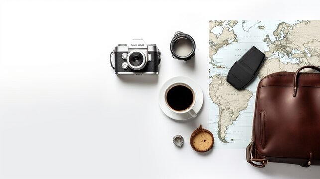 traveller set with coffee and camera white background top view mock up 