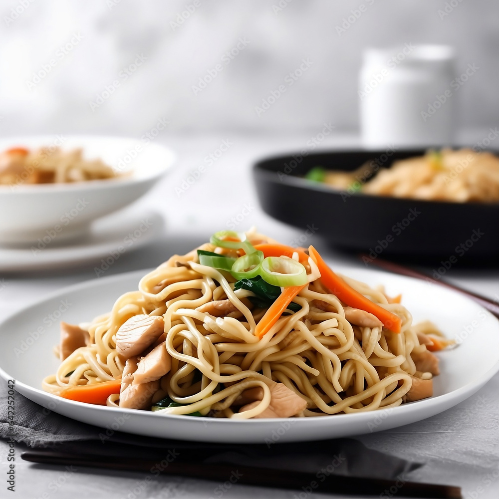 Wall mural Homemade chicken lo mei with vegetables on a white plate