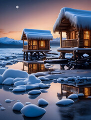 Christmas celebrated in a small secluded log cabin in Alaska, Landscape concept, generative ai