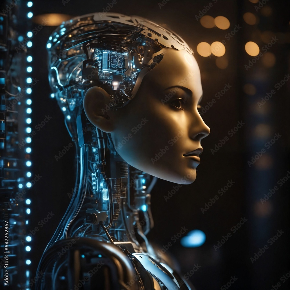 Poster a cyborg robot woman. android with a female face. artificial super intelligence. artificial general 