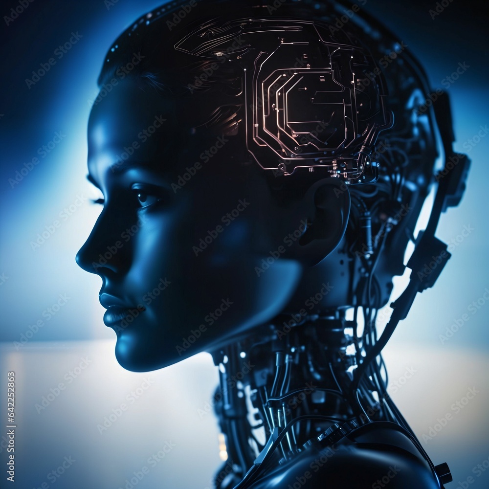 Poster a cyborg robot woman. android with a female face. artificial super intelligence. artificial general 