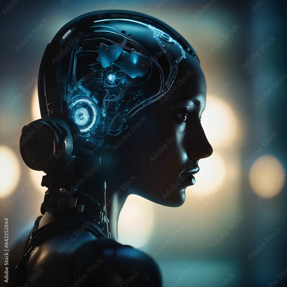 Poster a cyborg robot woman. android with a female face. artificial super intelligence. artificial general 