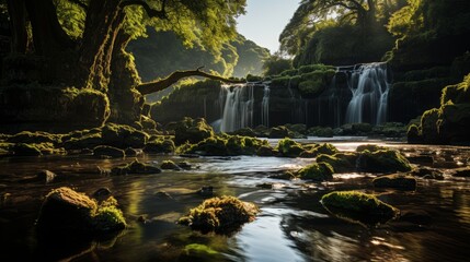 A beautiful, peaceful location with waterfall and green trees. Generative AI. 