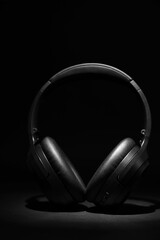 Fototapeta na wymiar Stylish modern wireless headphones on black background