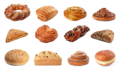 Set with different freshly baked pastries isolated on white