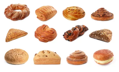Wall murals Bread Set with different freshly baked pastries isolated on white