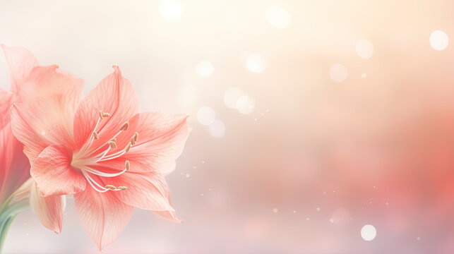 Pink Amaryllis flowers against blurred winter background with copy space.