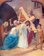 Poster SEBECHLEBY, SLOVAKIA - OKTOBERT 8, 2022: The painting  Jesus meet his mother Mary as part of Cross way stations in St. Michael parish church by unkonwn artist from beginn of 20. cent. © Renáta Sedmáková
