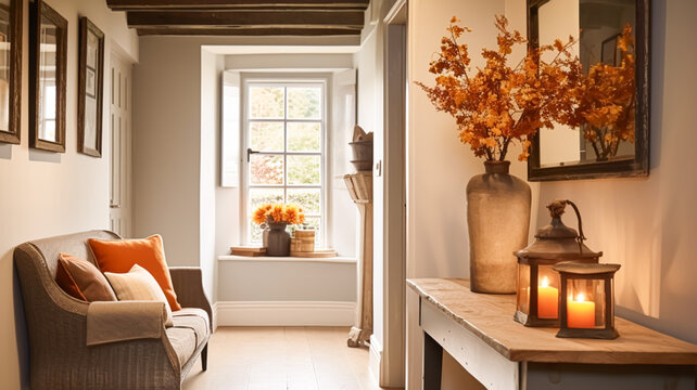 Autumnal hallway decor, interior design and house decoration, welcoming autumn entryway furniture, stairway and entrance hall home decor in an English country house and cottage style