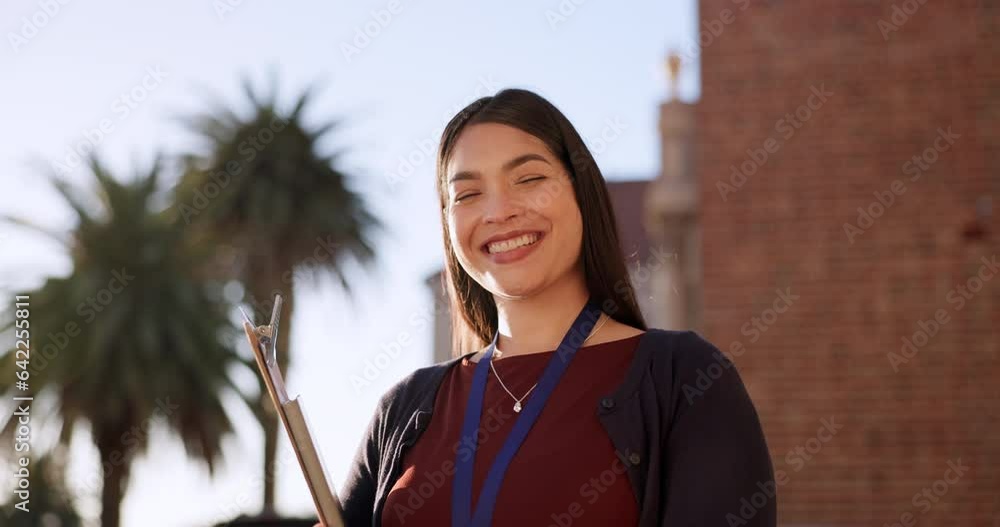 Poster Education, teacher and clipboard with smile on school ground for learning, knowledge and happiness outside. College, working and portrait of woman on campus at university for lecture and teaching