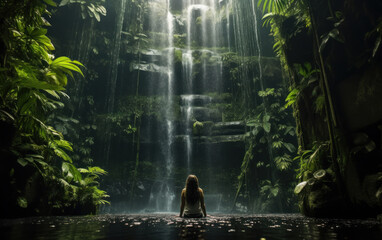 a woman walking alone at a waterfall in the middle of the forest