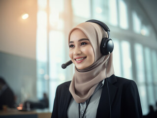 Customer service working in office, smiling Muslim Asian female CS agent wearing a headset