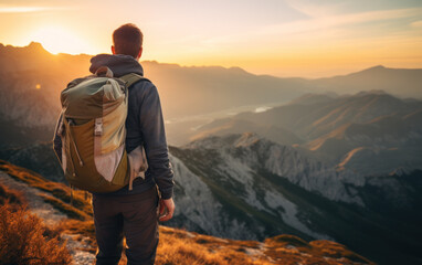 Man hiking at sunrise to mountain with heavy backpack travel, solo adventure vacation concept