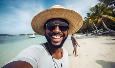 Beachside Selfie: Man in Glasses and Hat Capturing Lively Moments in Eye-Catching, Rounded Style
