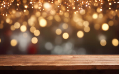 The empty wooden table top with blur bokeh background