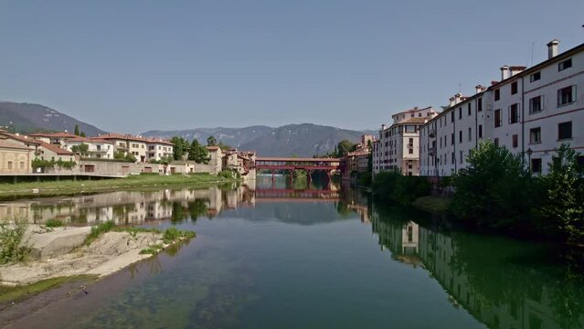 Aerial view of the Ponte Vecchio in Bassano del Grappa, Italy