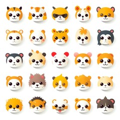 Set of animal faces, face emojis, stickers, emoticons,cartoon funny mascot characters face set, Generative AI illustration