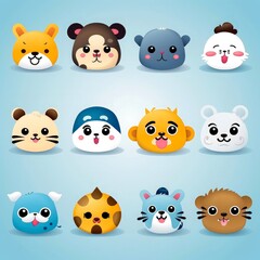 Set of animal faces, face emojis, stickers, emoticons,cartoon funny mascot characters face set, Generative AI illustration