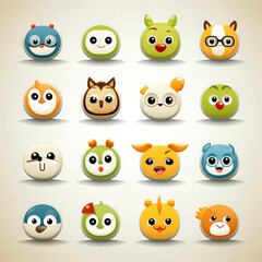 Fototapeta premium Set of animal faces, face emojis, stickers, emoticons,cartoon funny mascot characters face set, Generative AI illustration