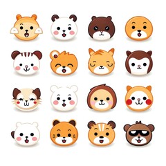 Set of animal faces, face emojis, stickers, emoticons,cartoon funny mascot characters face set, Generative AI illustration