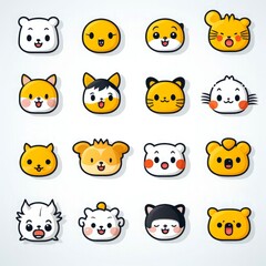 Fototapeta premium Set of animal faces, face emojis, stickers, emoticons,cartoon funny mascot characters face set, Generative AI illustration