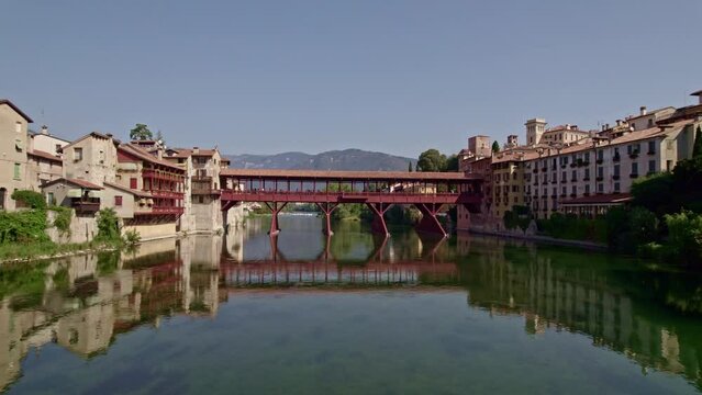 Aerial view of the Ponte Vecchio in Bassano del Grappa, Italy