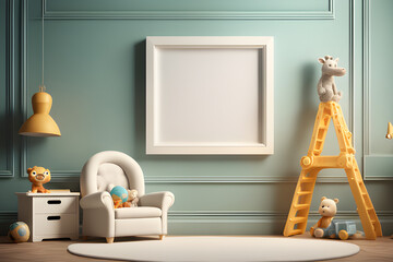 mock-up-frame-in-unisex-children-room-interior-background-3d-render-haze-ultra-detailed-film-pho, generative AI