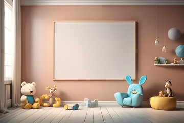 mock-up-frame-in-unisex-children-room-interior-background-3d-render-haze-ultra-detailed-film-pho, generative AI