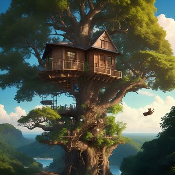  treehouse perched atop a towering oak tree,, created by ai generated