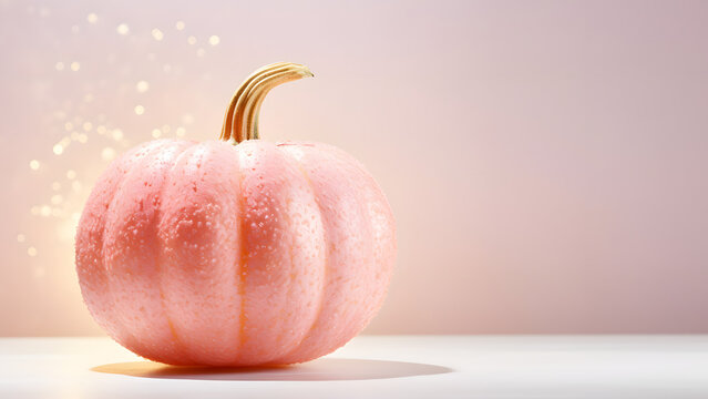 Pink painted pumpkin with glitter all around, isolated on a light pink background.