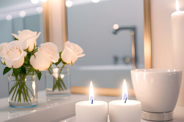 Elegant white bathroom interior with rose and candles, Modern vessel sink, Romantic zen Atmosphere. Side view