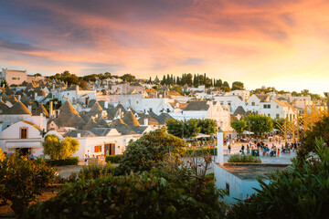 View of the historic center of Alberobello at sunset