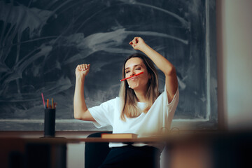 Funny and Cool Professor Dancing in Class Acting Silly. Humorous teacher relaxing the mood for back-to-school season
 - obrazy, fototapety, plakaty