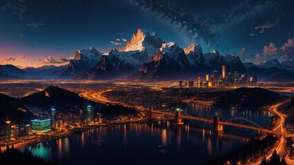 Mountain Majesty: Vector Cityscape Amidst Peaks