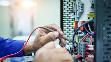 Discover essence of industrial technology as engineer ensures safe operation, fixing automatic control switchboard. Optimize visibility for microstock platforms. Passionate photographer's unique 