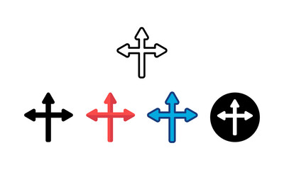 Obraz premium Arrow direction icon with three road options. Path selection. Road junction,3 way on intersection icons set with 5 different types of styles, line, color outline, flat color, round, black fill. 