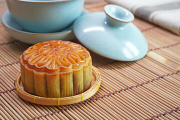 Moon cake for Mid autumn festival , Retro vintage style of Chinese traditional food and dessert. ( Moon cake is call 