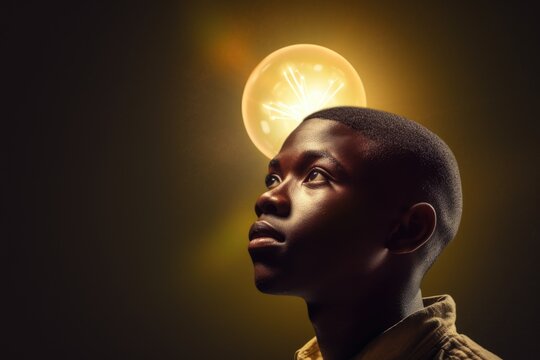 bright light bulb floating above of young african man's head. beautiful Generative AI AIG32