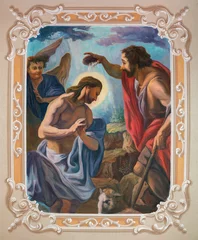 Poster SEBECHLEBY, SLOVAKIA - OKTOBERT 8, 2022: The fresco of Baptism of Christ in St. Michael parish church by Plekanec from 20. cent. © Renáta Sedmáková
