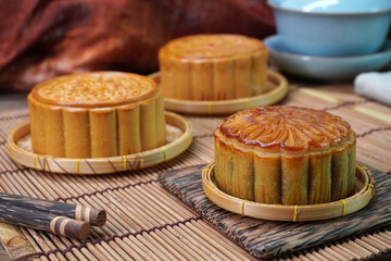 Moon cake for Mid autumn festival , Retro vintage style of Chinese traditional food and dessert. ( Moon cake is call 