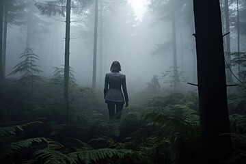 Woman navigating through a foggy woods as a metaphor for conquering the corporate jungle during career