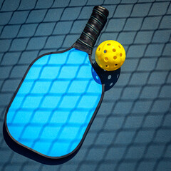 Blue Pickleball paddle with yellow Pickleball with shadow of Pickleball net.