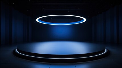 illuminated light circle stage podium with cyan spotlight AI Generative