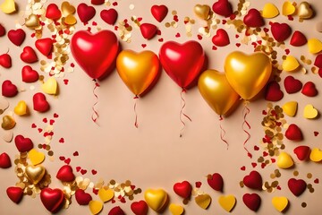  Valentine's Day concept. center of the frame, there's a heart-shaped arrangement of red and yellow balloons. 