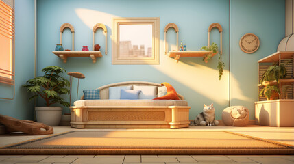 A pet room with a bed a scratching post and a water facing - obrazy, fototapety, plakaty
