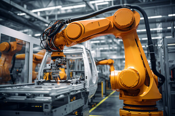 Robot arm realizes automated welding of car body on the car assembly line - obrazy, fototapety, plakaty