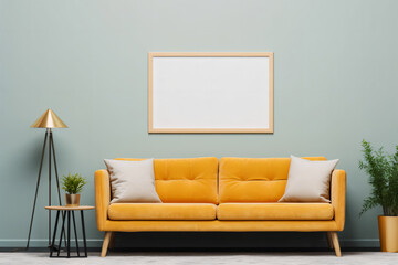 Poster frame mockup showcased in a minimalist modern living room interior background, with a Scandinavian style